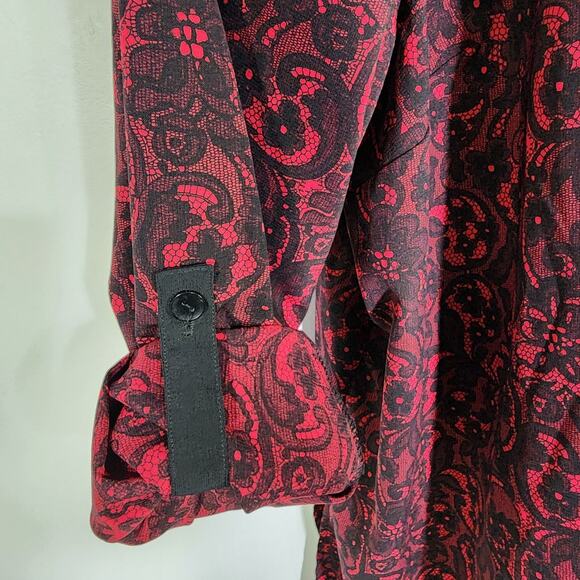 Catherines Womens Floral Button Up Shirt 3X Black Red Roll Tab Sleeves Office - Picture 7 of 9